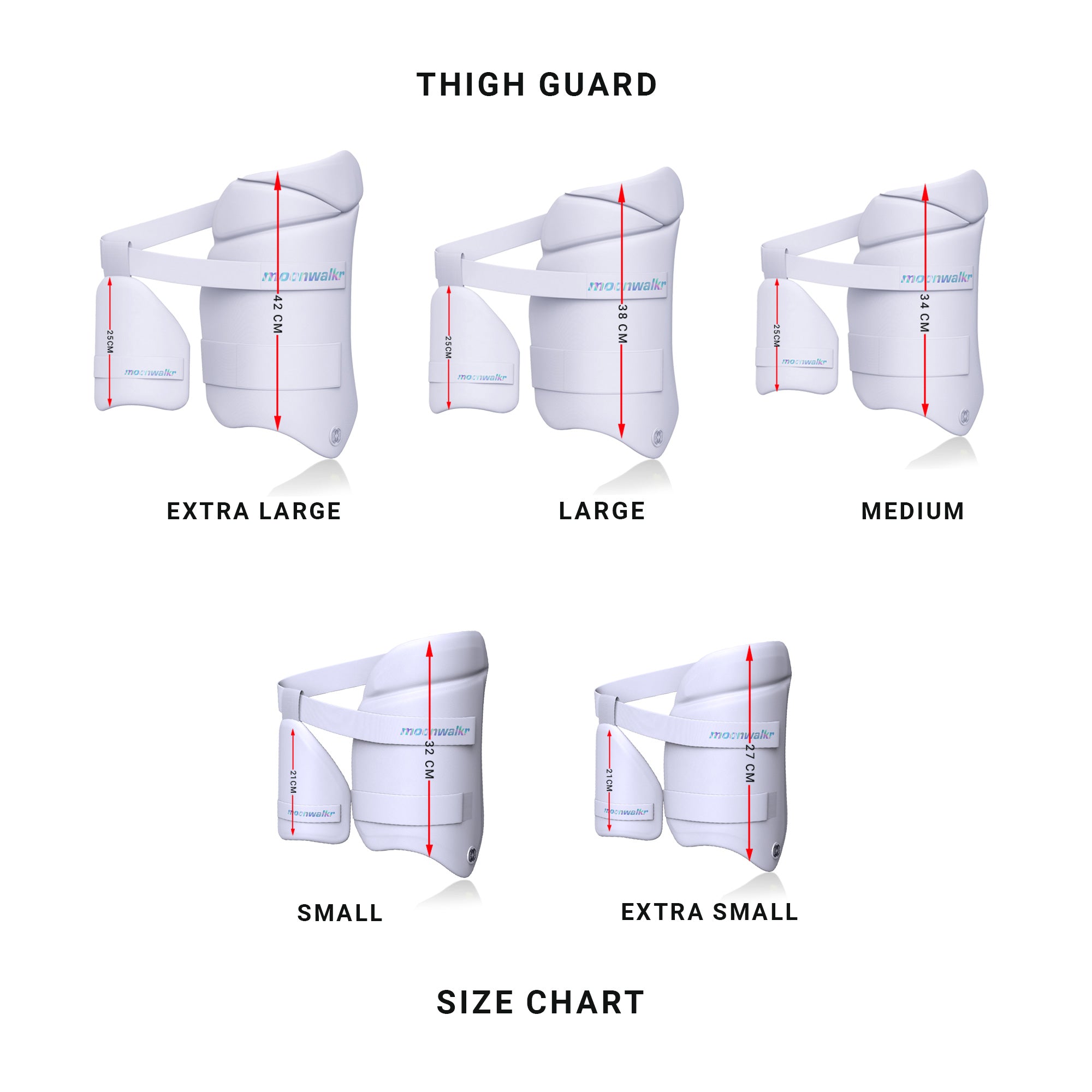 Moonwalkr white thigh guard size chart